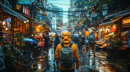 Obraz premium Picture the hustle and bustle of Chatuchak Market, where the letters of THAILAND weave through the maze of vendors