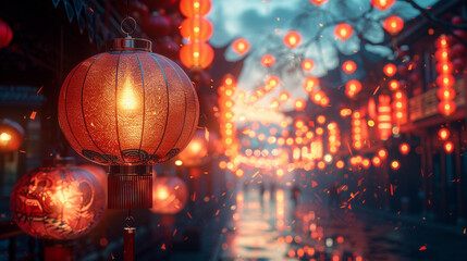 Chinese New Year lanterns, Chinese New Year dragon, fireworks in the city, wallpaper, and social media background for china newyears festiva - obrazy, fototapety, plakaty