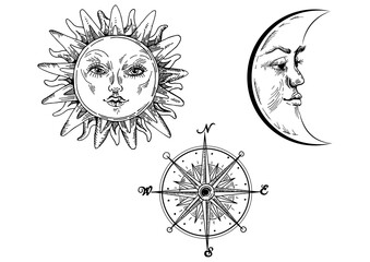 Sun and moon with face engraving PNG illustration. Scratch board style imitation. Hand drawn image.