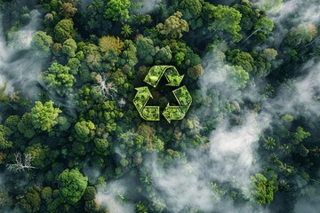 a bird's eye view of the forest with a recycling symbol in the background - Powered by Adobe