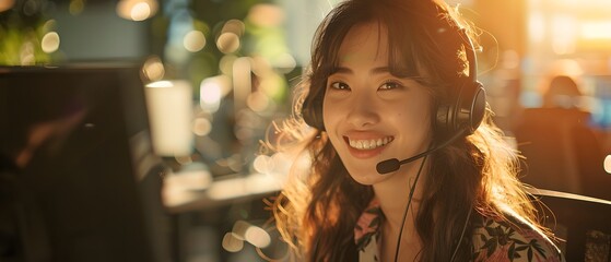 Illustration of call center worker wearing over-ear headphones for company business help desk and telephone assistance concept. Smiling while talking People talking on the phone will feel friendly.