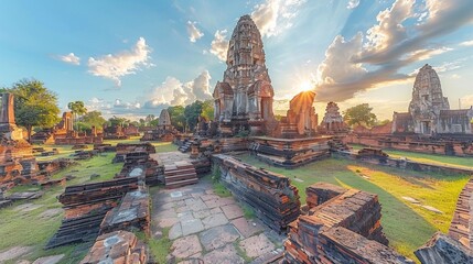 Step into the ancient ruins of Ayutthaya, where the letters of THAILAND emerge from centuries-old stone temples - obrazy, fototapety, plakaty