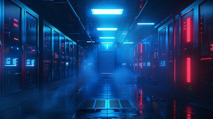 A dark and mysterious data center with blue and red lights. - obrazy, fototapety, plakaty