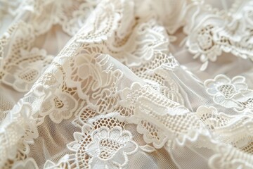 Obraz premium Delicate white lace fabric with intricate floral patterns.