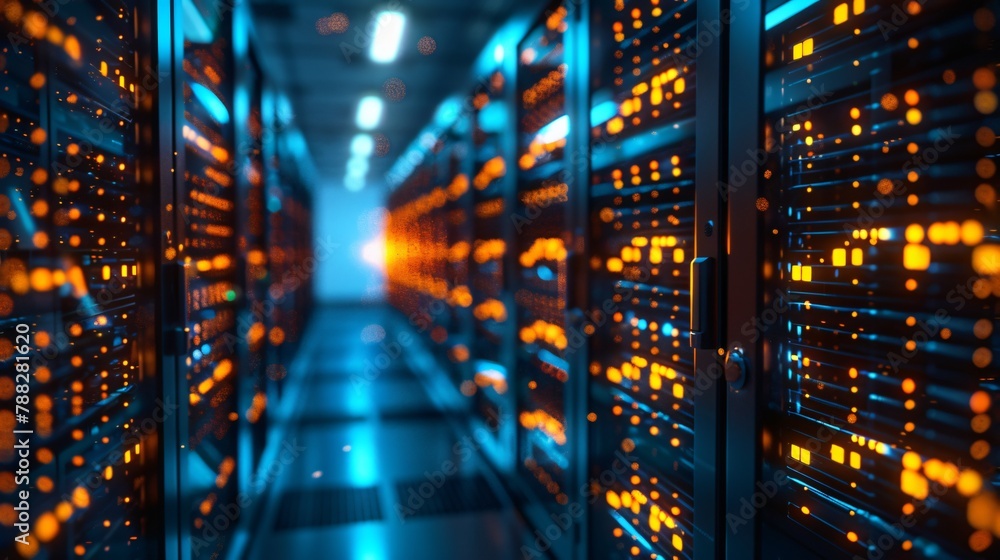 Poster a futuristic data center with rows of servers and blinking lights