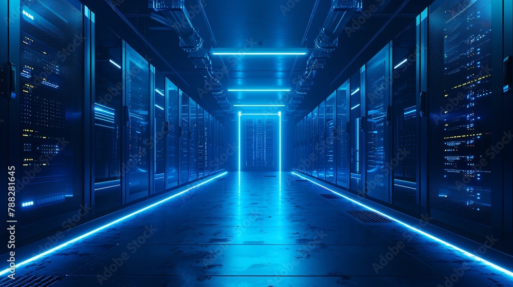 Poster a futuristic view of a server room with blue lights illuminating the floor and racks of servers.