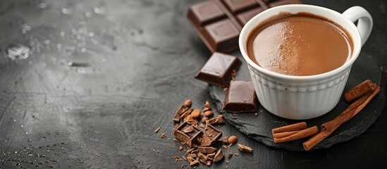 A cup of hot chocolate and chocolate pieces on a dark concrete backdrop.