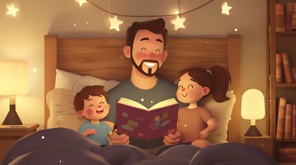 Cozy scene of dad reading bedtime stories to kids, warm bedroom setting, night time - obrazy, fototapety, plakaty