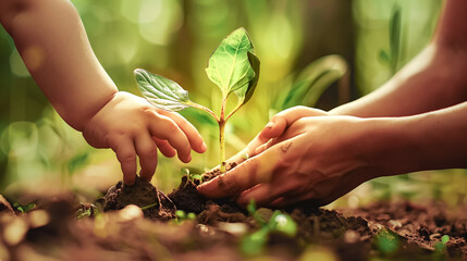 Close-up of Child and His Mother's Hands Planting Sprout in in the Garden. Gardening Day Background