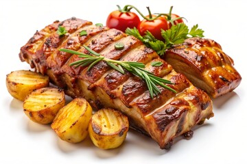 pork ribs baked with potatoes on a white background