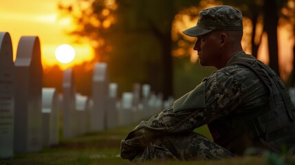 Heroic soldier profile, white headstones alignment, Memorial Day reverence, dusk light
