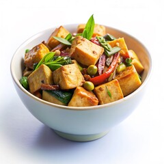 spicy mexican salad with chicken pieces on a white background
