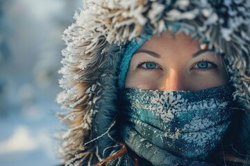 A woman's eyes gaze warmly from beneath frost-covered winter wear.