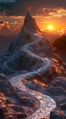 Path winding up a mountain, goal at the top, sunset, symbolizing the journey to business success, inspiring and challenging - obrazy, fototapety, plakaty