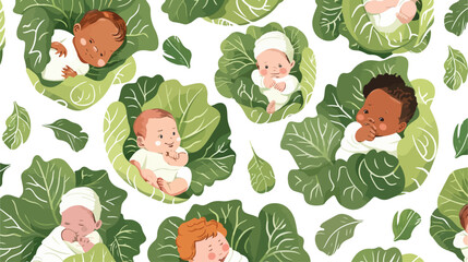 Cute little newborn babies in a cabbage. Four national