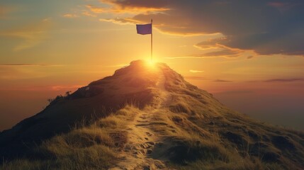 Steep path to mountain summit, goal flag at the top, sunset, representing perseverance and ambition in business aspirations