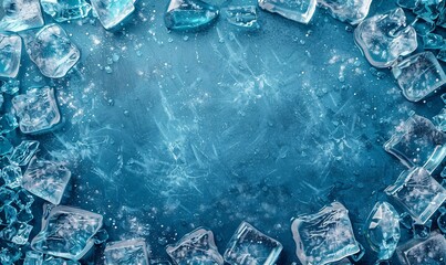 A blue frozen background with ice cubes and space for text