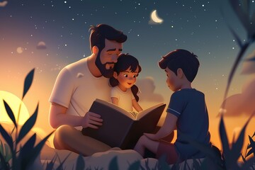 Warm evening, dad reading stories to attentive kids, serene bedtime atmosphere, night time