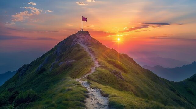 Steep path to mountain summit, goal flag at the top, sunset, representing perseverance and ambition in business aspirations