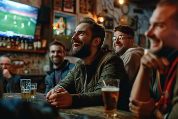 happy football fans with beer watching football in the pub