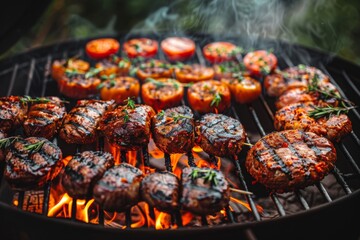 "Seasonal Outdoor Cooking and Grilling Passion: Celebrating with Chops and Vibrant Charcoal Grilled Assortments in a Casual Backyard Event"