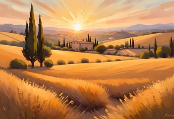 A beautiful painting of a sunny field with a house..