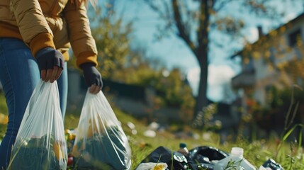 A female volunteer does cleaning in the Park in front of the house, stacking bags of garbage. Close up.