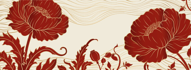 Elegant prestigious background template with peony flowers. The design luxury peony is made for oriental chinese motif with gold and red colors.