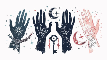 Elegant female hands. Moon key stars. Set of three Ab - obrazy, fototapety, plakaty