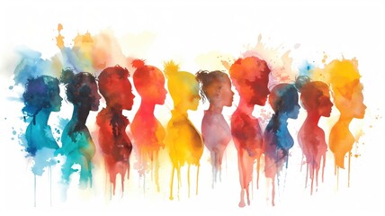 A group of people painted with watercolors in a rainbow of colors. The painting is abstract and has a sense of unity and diversity