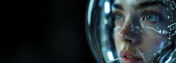 A woman's face is projected onto a glass dome. The dome is surrounded by a dark background and the woman's eyes glow. Concept of wonder, curiosity and technology