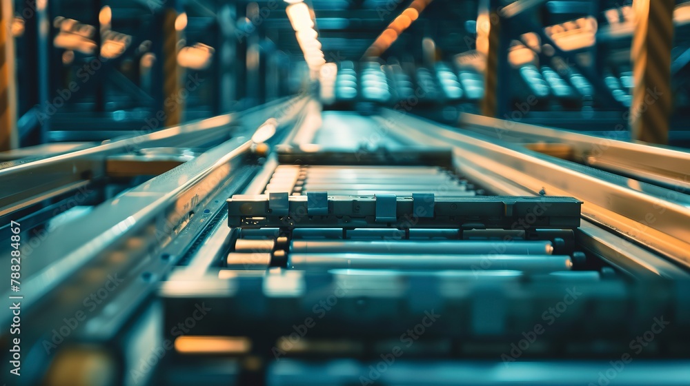 Poster automated sorting system at a parcel distribution center, tight view, technology in motion, efficien