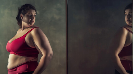 Woman in red athletic wear critically examining her reflection.