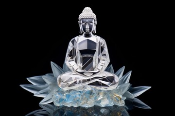 a black background, a crystal glass sculpture of a seated Buddha statue serves as a profound symbol of inner peace and spiritual awakening, radiating serenity amidst the darkness.