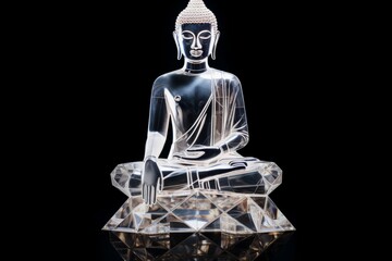 a black background, a crystal glass sculpture of a seated Buddha statue serves as a profound symbol of inner peace and spiritual awakening, radiating serenity amidst the darkness.