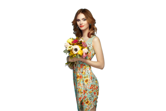 Blonde young woman in elegant floral dress. Girl posing on a transparent background. Jewelry and hairstyle. Lady with spring bouquet of flowers - Powered by Adobe
