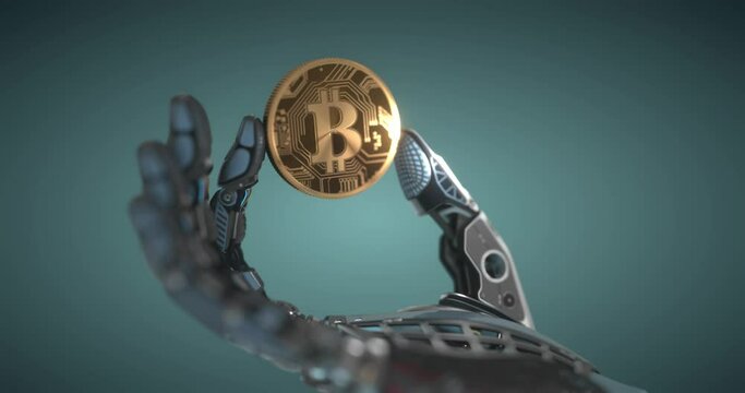 Robot arm holding bitcoin with fingers, artificial intelligence as a blockchain concept, crypto currency design