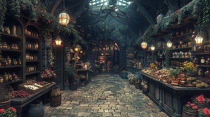Retro fantasy marketplace, potions, scrolls, enchanted items, mystical vendors 