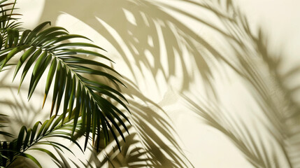 Obraz premium Tropical Palm Leaves Casting Beautiful Shadows on Beige Wall with Copy Space for Text Placement.