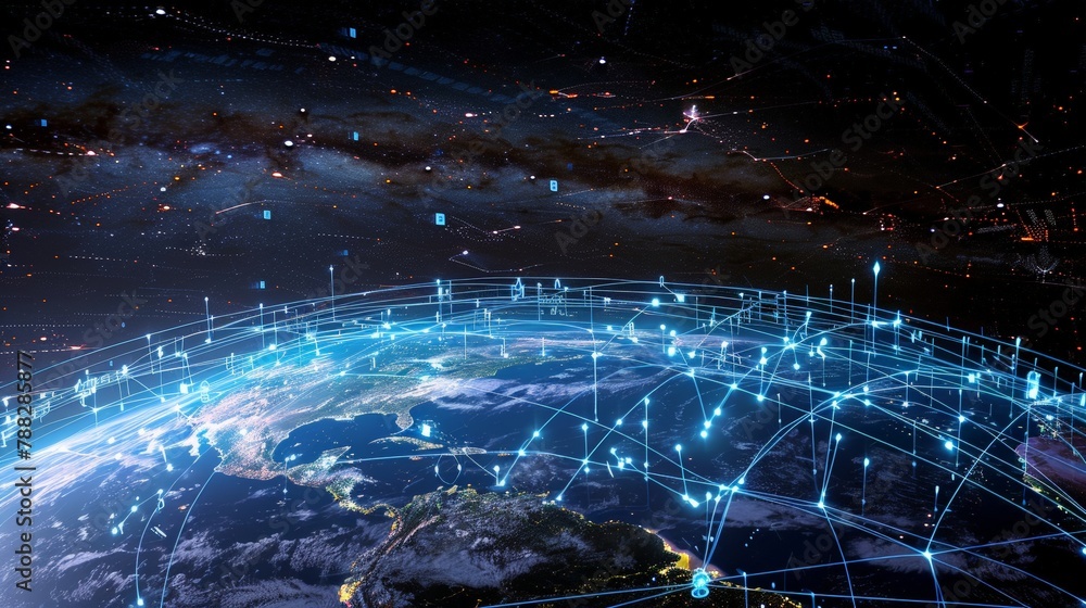 Poster planet with a network of lines connecting it to other planets. connections system and global datas e