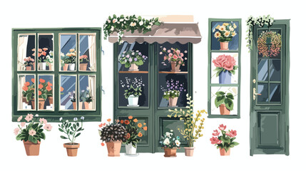 Flower shop and Four floral elements. Hand drawn vect