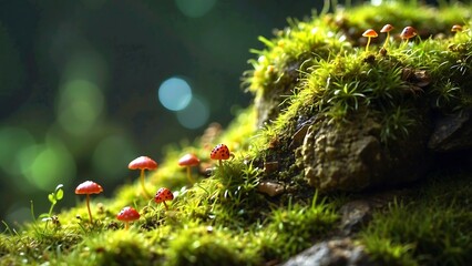 green moss on the ground with tiny orange mushrooms with blurred background