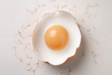 A cracked egg is sitting on a white plate - obrazy, fototapety, plakaty