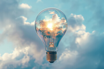 A light bulb is lit up in a cloudy sky. Scene is one of hope and inspiration