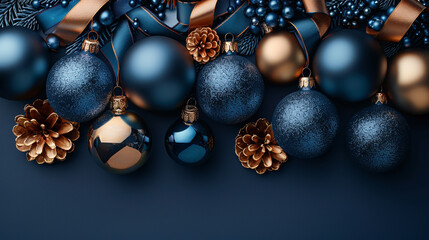 New Year minimalistic background. Golden and blue Glass Balls hanging on ribbon on a Navy blue background.