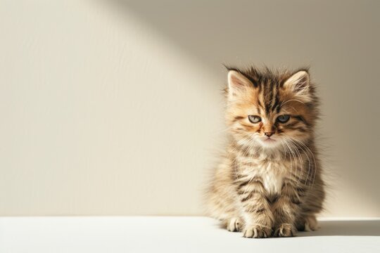A tousled, wide-eyed kitten looks on with endearing bewilderment