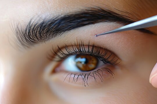 A woman is getting her eyebrows waxed. The image is a close up of the woman's face, with the waxing tool in her hand. The woman's eyebrows are being shaped and groomed
