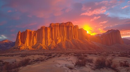 The sun setting behind a towering mesa, painting the sky in hues of orange and pinkillustration