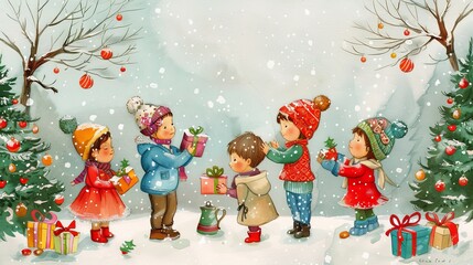 A joyful scene of children sharing gifts and sweets with each other.