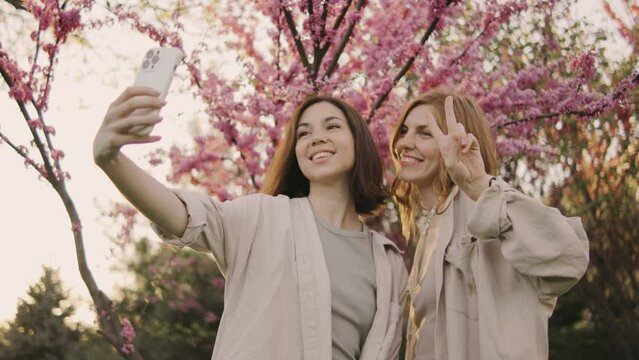 two incredibly beautiful young women take a selfie on a smartphone in a park against the background of pink blooming spring trees. Girls laugh, rejoice and make faces at the camera